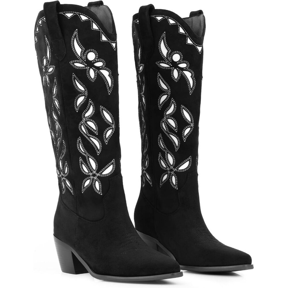 Women Black Floral Western Cowboy Boots Chunky Heel Comfortable